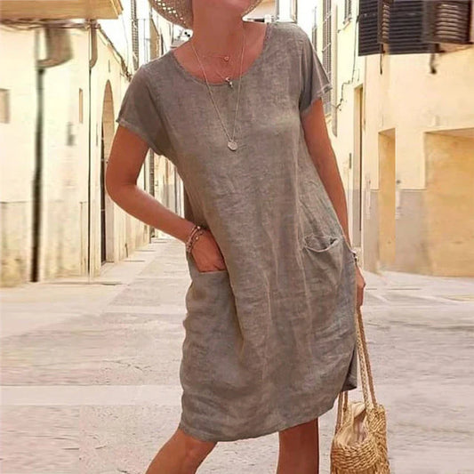 Women’s Knee-Length Dress – Natural Fibers – Relaxed Fit – Short Sleeve – With Pockets