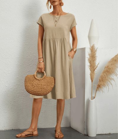 Women's Cotton Linen Short Sleeve Midi Dress