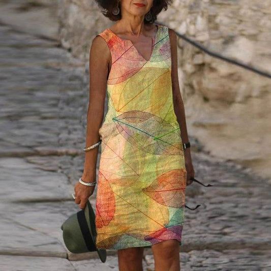 Women’s Knee-Length Dress – Relaxed Fit – Breathable Blend – Sleeveless V-Neck – Leaf Print