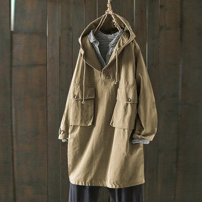 Women’s Hooded Jacket – Oversized Fit – Cotton Blend – V-Neck – Button Pockets