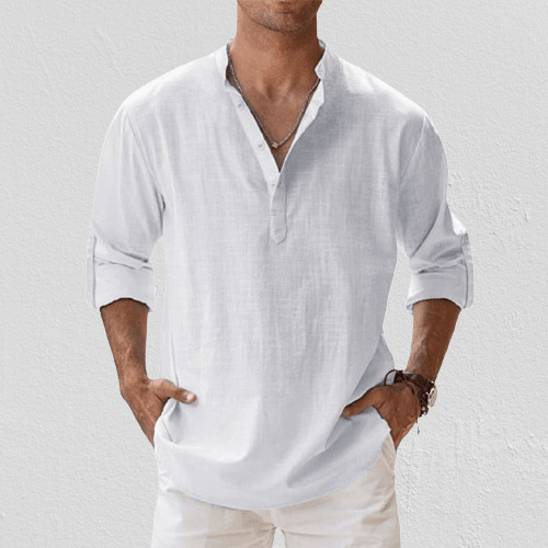 Men’s Henley Shirt - Linen Blend - Long Sleeve - Regular Fit Casual Wear