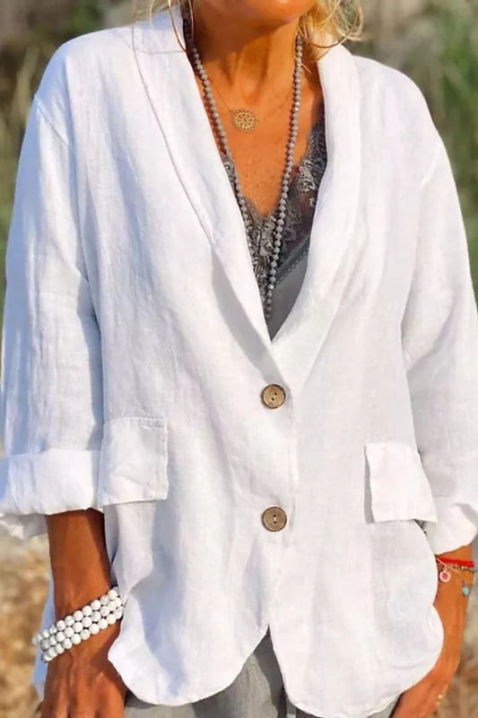 Women’s Linen Jacket – Relaxed Fit – V-Neck – 3/4 Sleeve – Button Front – Hip Length