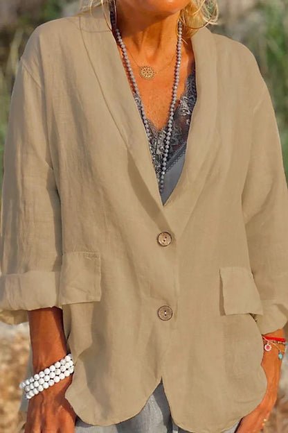 Women’s Linen Jacket – Relaxed Fit – V-Neck – 3/4 Sleeve – Button Front – Hip Length