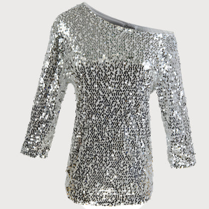 Women’s Sequin Top – Off Shoulder – Relaxed Fit – Mid Sleeve Party Wear