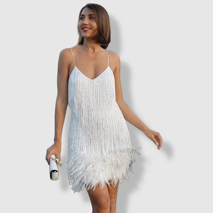 Women's Evening Dress - Fitted Silhouette - Sequin Fringe Detailing - Feather Hem