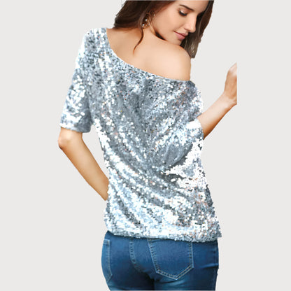 Women’s Sequin Top – Off Shoulder – Relaxed Fit – Mid Sleeve Party Wear