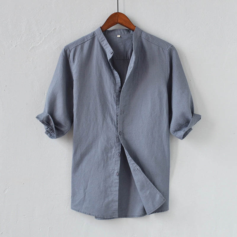 Men’s Linen Blend Shirt – Relaxed Fit – Mid Sleeve – Mandarin Collar – Casual Button Down