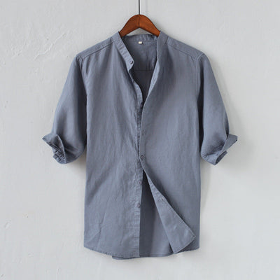 Men’s Linen Blend Shirt – Relaxed Fit – Mid Sleeve – Mandarin Collar – Casual Button Down