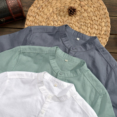 Men’s Linen Blend Shirt – Relaxed Fit – Mid Sleeve – Mandarin Collar – Casual Button Down