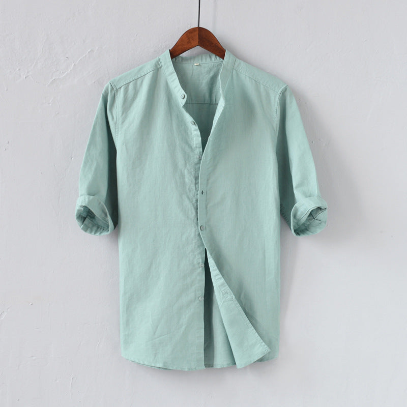 Men’s Linen Blend Shirt – Relaxed Fit – Mid Sleeve – Mandarin Collar – Casual Button Down