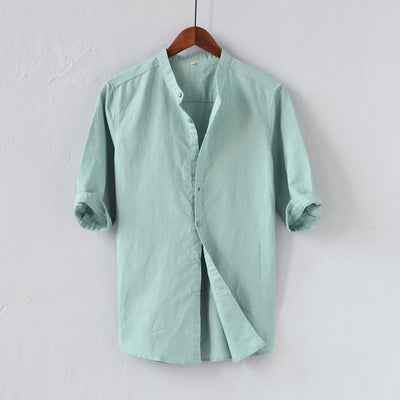 Men’s Linen Blend Shirt – Relaxed Fit – Mid Sleeve – Mandarin Collar – Casual Button Down