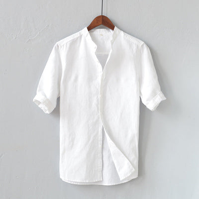 Men’s Linen Blend Shirt – Relaxed Fit – Mid Sleeve – Mandarin Collar – Casual Button Down