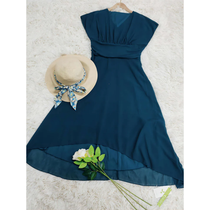 Women’s Midi Dress – Fit and Flare – V-Neck – Flutter Sleeve – Flowing Layered Hem