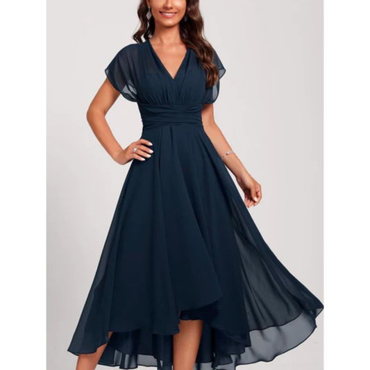 Women’s Midi Dress – Fit and Flare – V-Neck – Flutter Sleeve – Flowing Layered Hem