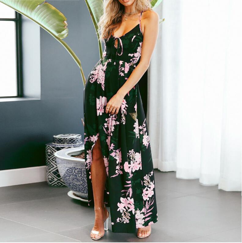 Women’s Maxi Dress – Relaxed Fit – Spaghetti Straps – Floral Print – Side Slit – Breathable Blend