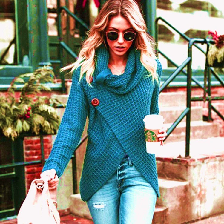 Women’s Pullover Sweater – Wool Knit – Relaxed Fit – High Neck – Crossover Front