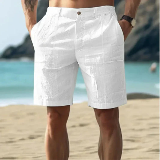 Men’s Linen Shorts – Tailored Fit – Mid Rise – Pleated Front – Button Closure