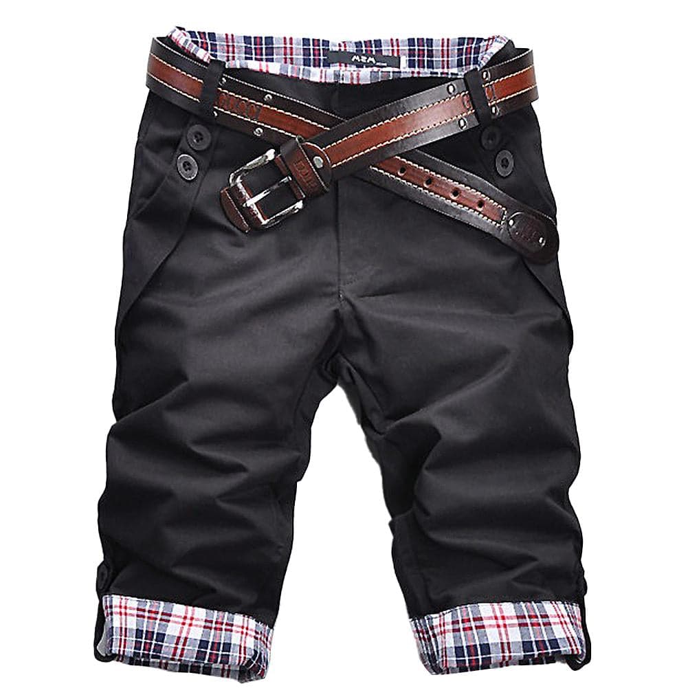 Men’s Cropped Pants – Relaxed Fit – Breathable Blend – Plaid Cuff – Belted Waist