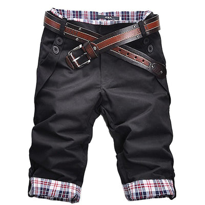 Men’s Cropped Pants – Relaxed Fit – Breathable Blend – Plaid Cuff – Belted Waist