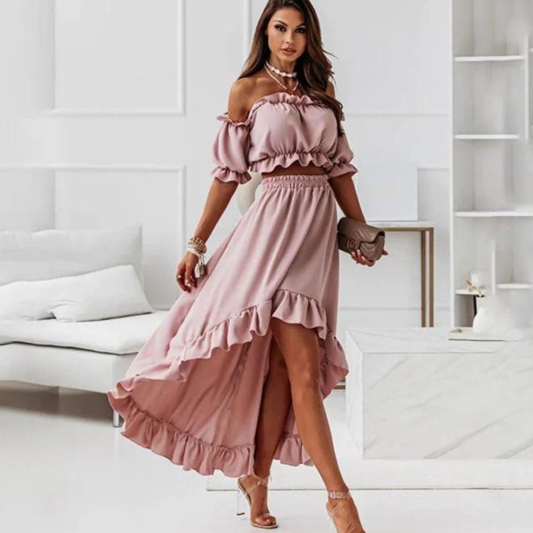 Women's Off-Shoulder Two-Piece Set - Crop Top & High-Low Ruffle Maxi Skirt - Elegant Fit