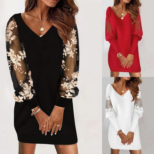 Women's Dress - V-Neck - Sheer Long Sleeves with Floral Embroidery - Elegant Fit