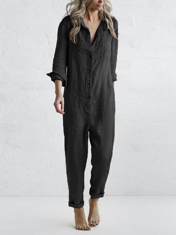 Women's Jumpsuit - Button Down - Long Sleeve Roll Tab - Relaxed Fit - Straight Leg