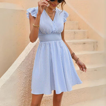 Women's Striped Cotton Dress with Ruffle Sleeves