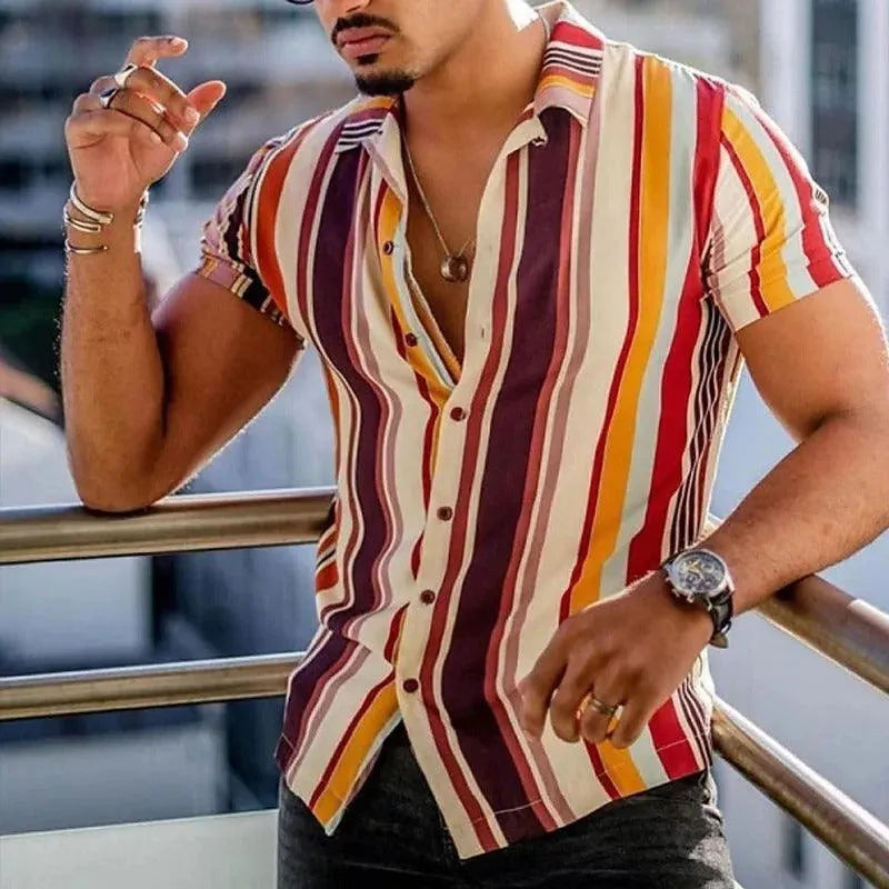 Men's Short-Sleeve Button-Up Shirt - Striped - Lightweight Breathable Fabric - Classic Fit
