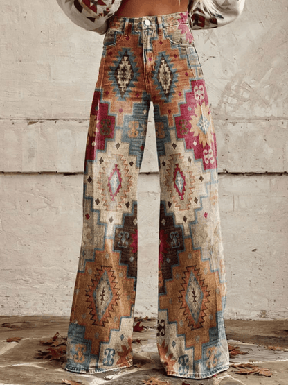 Women's Wide-Leg Jeans - High-Waisted - Geometric Print - Relaxed Fit Denim