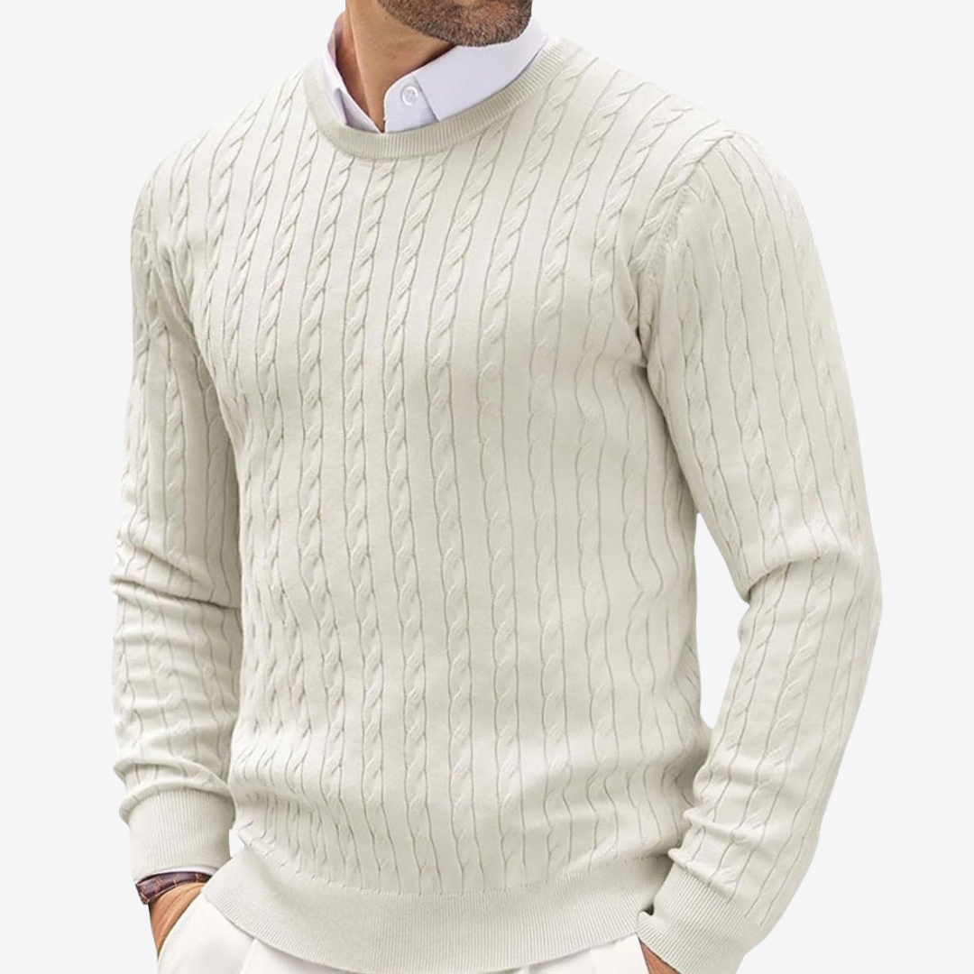 Men’s Sweater – 100% Cashmere – Tailored Fit – Crew Neck Cable Knit Long Sleeve