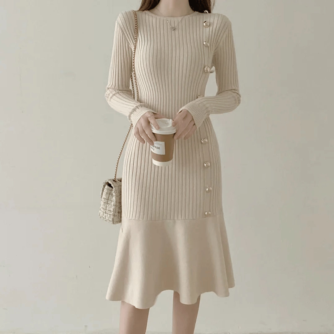 Women's Knit Midi Dress - Ribbed Texture - Long Sleeve - Button Detail - Mermaid Hem