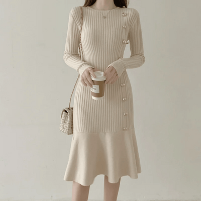 Women's Knit Midi Dress - Ribbed Texture - Long Sleeve - Button Detail - Mermaid Hem