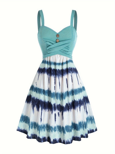Tie-Dye V-Neck Dress with Faux Buttons for Women