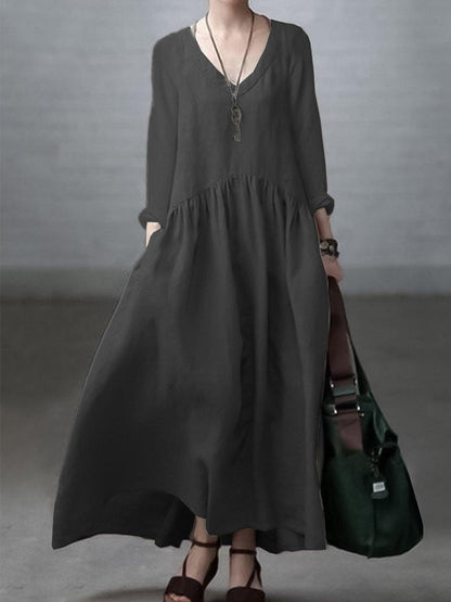 Women’s Maxi Dress – Natural Fibers – Relaxed Fit – V-Neck – Long Sleeve