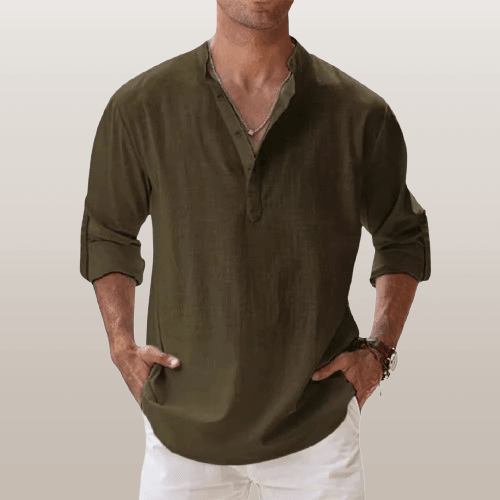 Men’s Henley Shirt - Linen Blend - Long Sleeve - Regular Fit Casual Wear