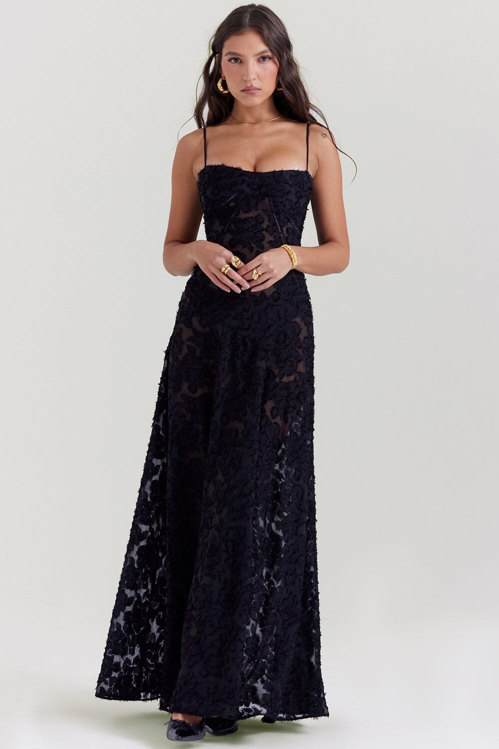 Women’s Maxi Dress – Slim Fit – Chiffon – Floral Pattern – Thin Straps – Formal Wear