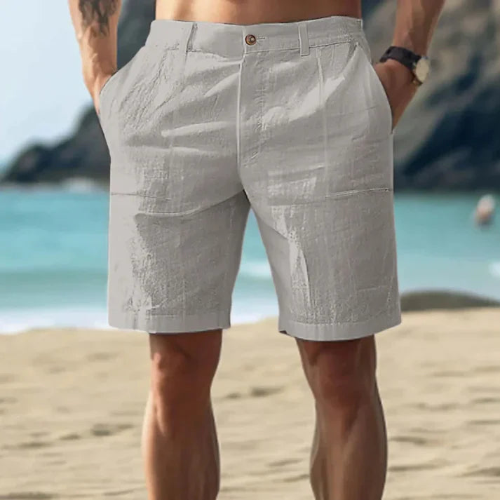 Men’s Linen Shorts – Tailored Fit – Mid Rise – Pleated Front – Button Closure