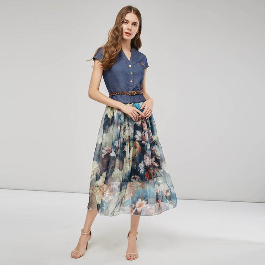 Women’s Maxi Dress – V-Neck – Button Front – Braided Belt – Short Sleeve – Breathable Blend