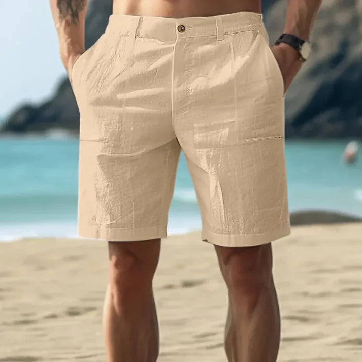 Men’s Linen Shorts – Tailored Fit – Mid Rise – Pleated Front – Button Closure