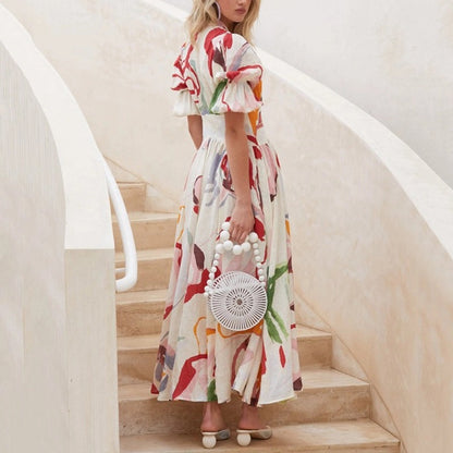 Women’s Maxi Dress – Natural Fibers – Relaxed Fit – Balloon Sleeves – Button Front