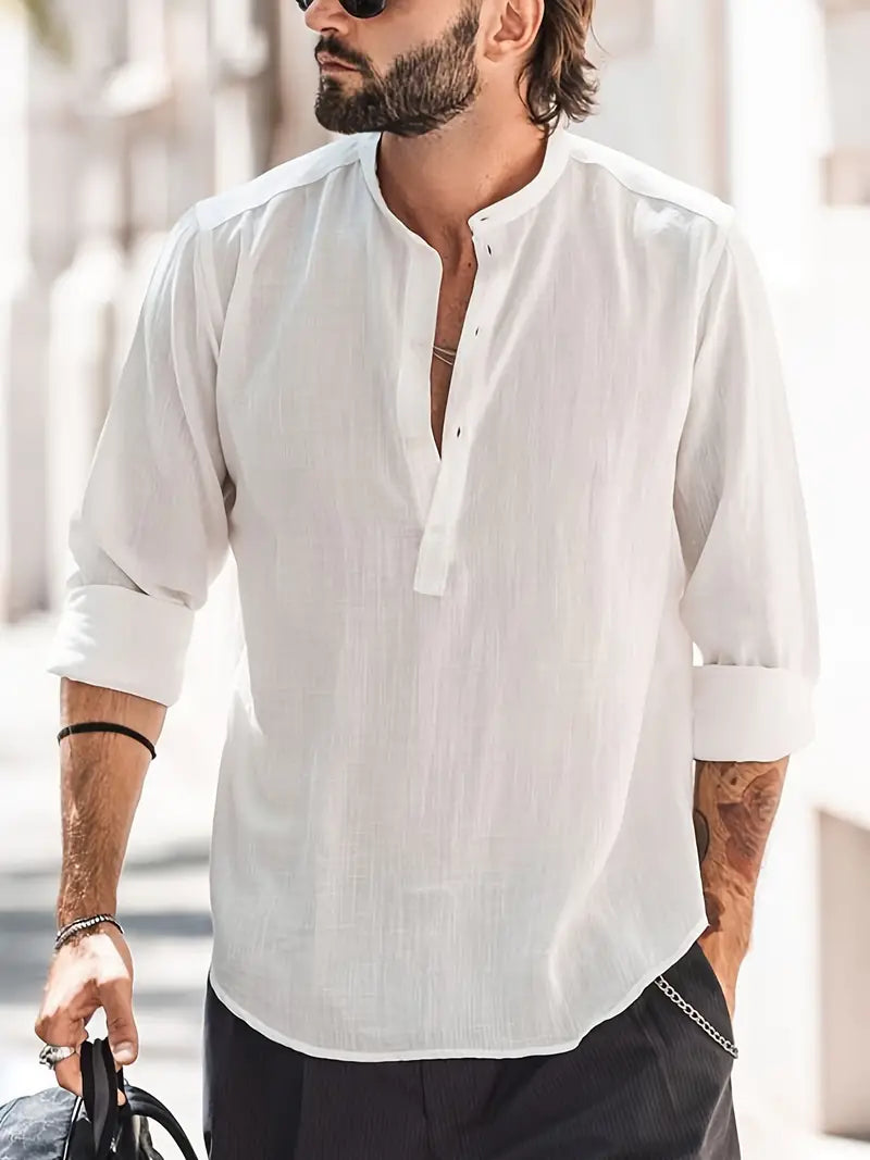 Men’s Long Sleeve Shirt – Relaxed Fit – Breathable Blend – Mandarin Collar – Casual Style