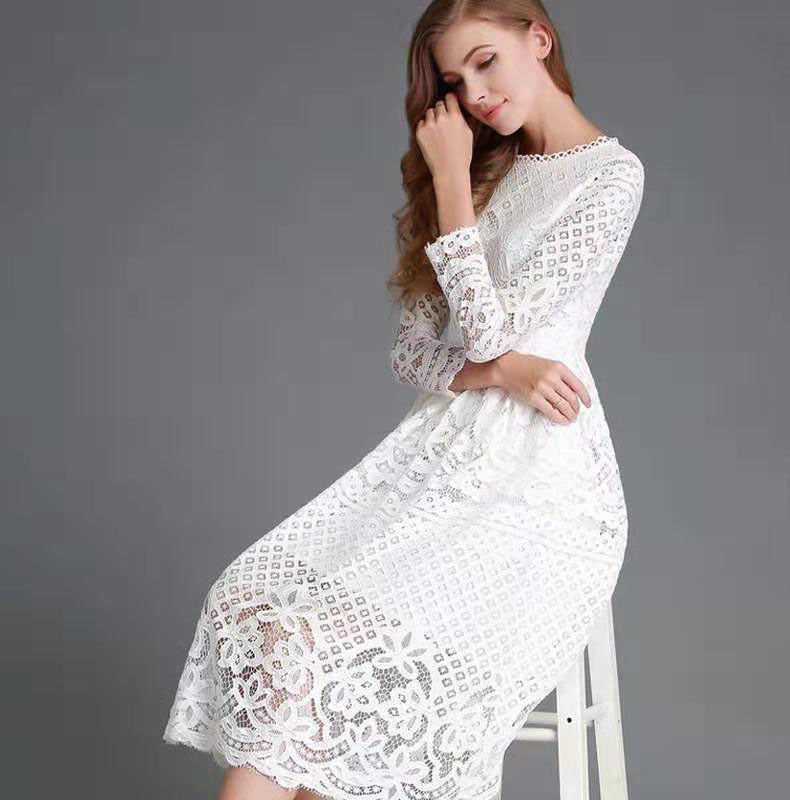 Women’s Midi Dress – Lace Floral Pattern – Sheer Long Sleeve – A-Line Fit