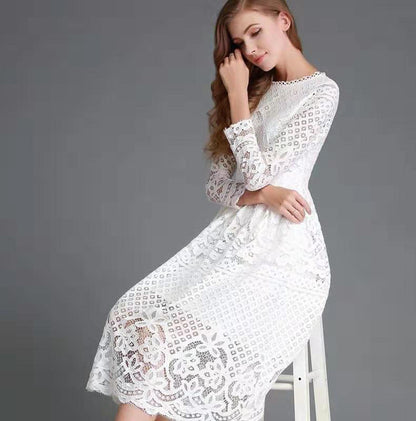 Women’s Midi Dress – Lace Floral Pattern – Sheer Long Sleeve – A-Line Fit
