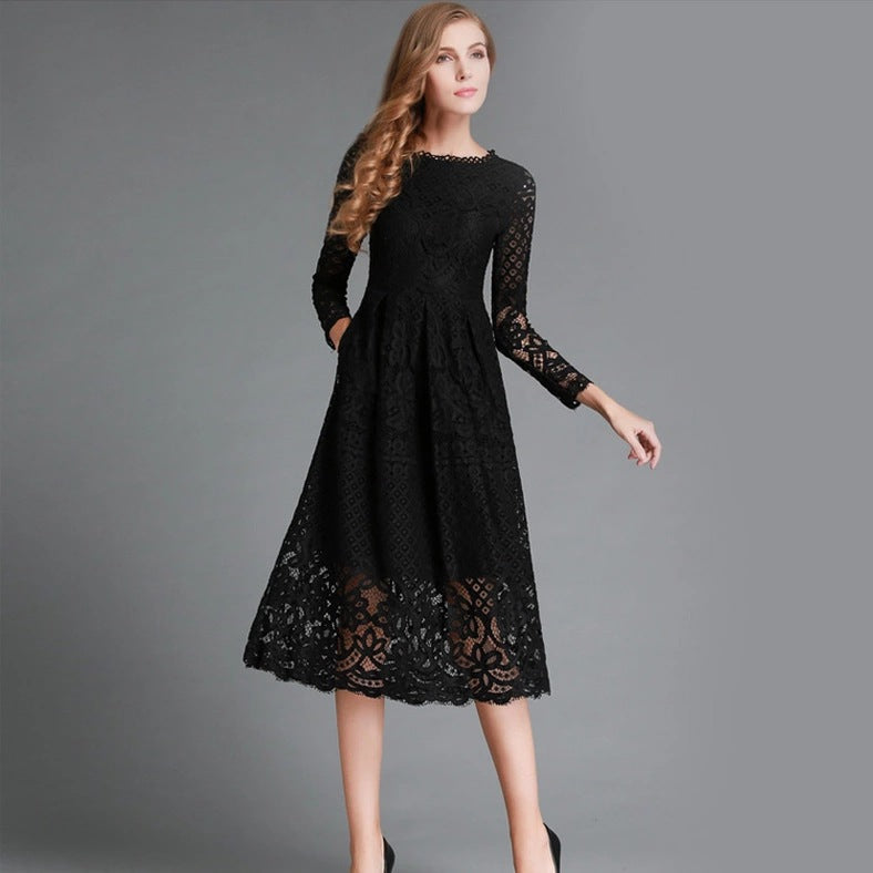 Women’s Midi Dress – Lace Floral Pattern – Sheer Long Sleeve – A-Line Fit
