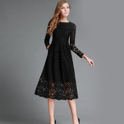 Women’s Midi Dress – Lace Floral Pattern – Sheer Long Sleeve – A-Line Fit
