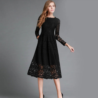 Women’s Midi Dress – Lace Floral Pattern – Sheer Long Sleeve – A-Line Fit