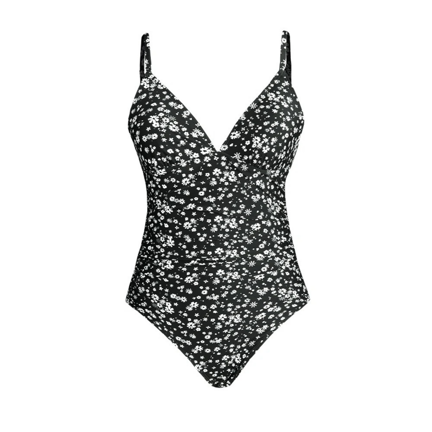 Women’s One-Piece Swimsuit – Plunging V-Neck – Ribbed Texture – Floral Print – Adjustable Straps