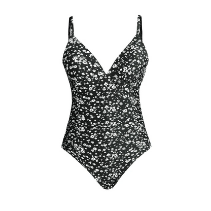 Women’s One-Piece Swimsuit – Plunging V-Neck – Ribbed Texture – Floral Print – Adjustable Straps