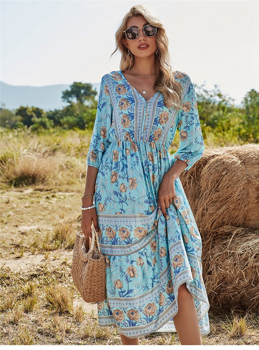 Women’s Midi Dress – Relaxed Fit – V-Neckline – Floral Print – Breathable Blend