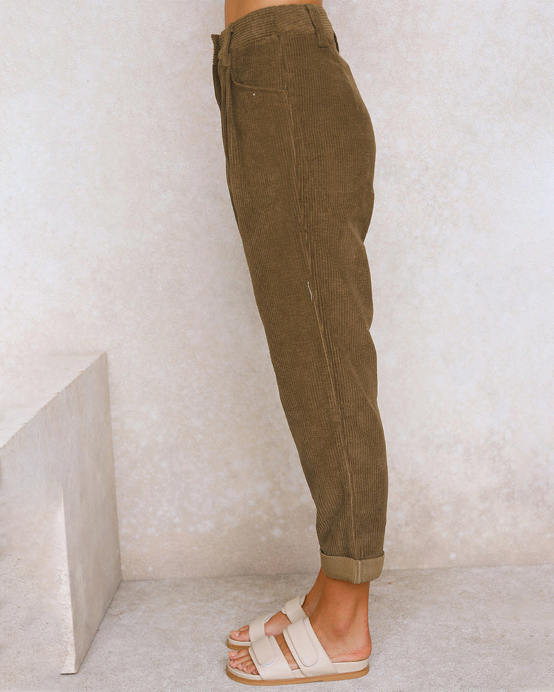 Women's High-Waisted Trousers - Pleated Front - Relaxed Fit - Cuffed Hem Ribbed Fabric